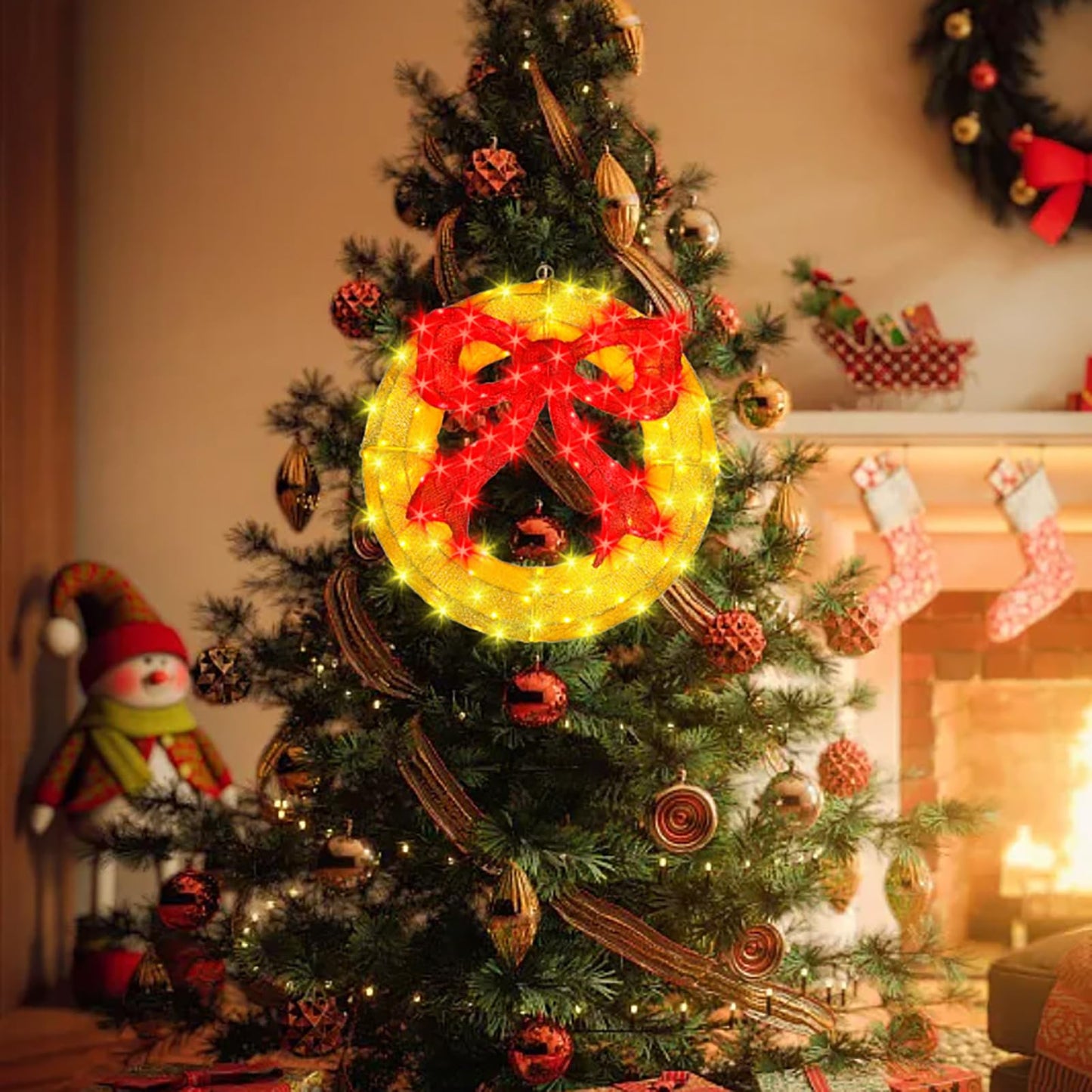 Outdoor Christmas Wreath Decoration - 24" Bright LED Christmas Wreath Lights with Bow, Large Lighted Christmas Wreaths Window Lights for Wall, Windows, Front Door Decor, Red Bow - Gold Wreath