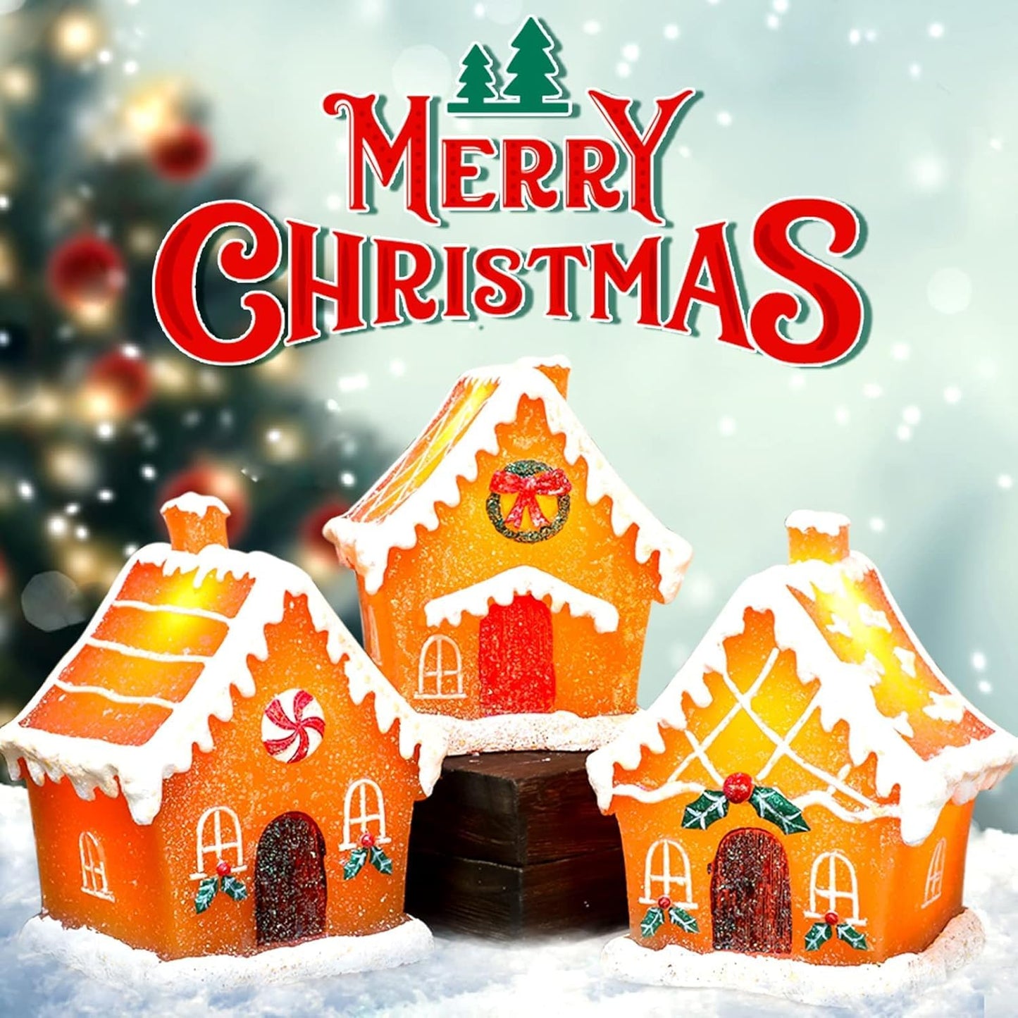 Christmas Gingerbread House Tabletop Decoration Lighted Christmas Village House Real Wax Battery Operated with Remote Flickering LED Light Christmas Village Decor for Mantel Desk Table Centerpiece