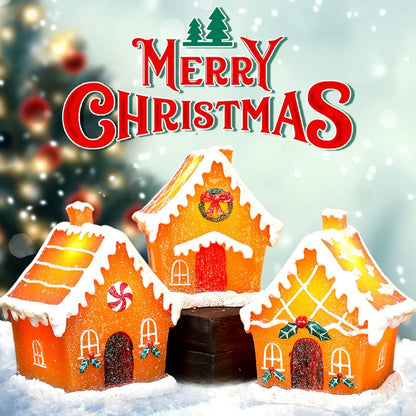 Christmas Gingerbread House Tabletop Decoration Lighted Christmas Village House Real Wax Battery Operated with Remote Flickering LED Light Christmas Village Decor for Mantel Desk Table Centerpiece