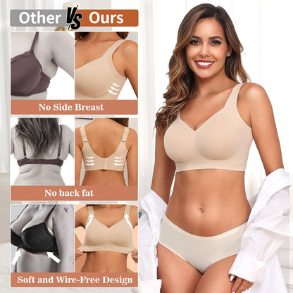 PoseFree Wireless Bras for Women Full Coverage Bra Full Support and Lift No Underwire Back Smoothing Bralette Everyday Bra (Nude,XL)