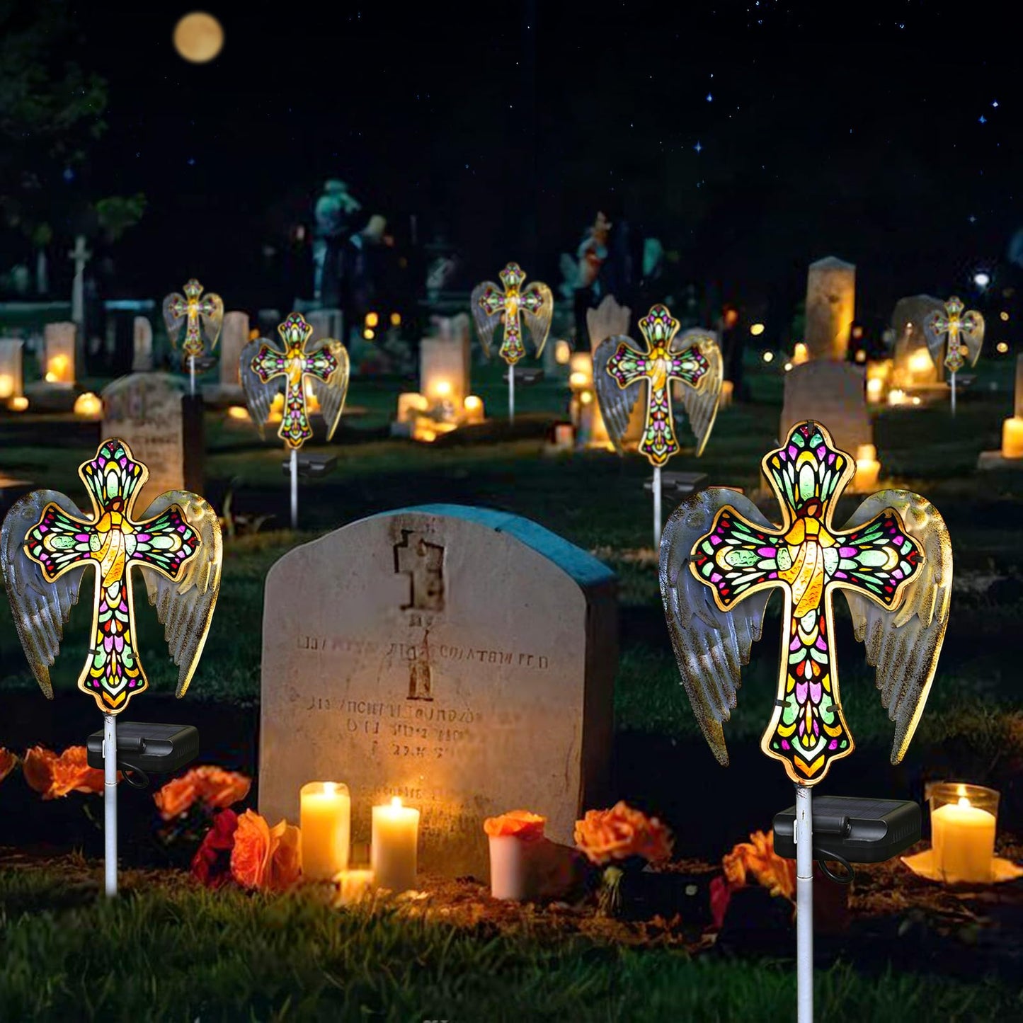 YJFWAL Solar Glass Cross Garden Stake Light, Cemetery Decorations for Grave Outdoor Lights, Easter Jesus Cross Angel Wings Sympathy Memorial Day Decor, for Garden Lawn Yard Patio