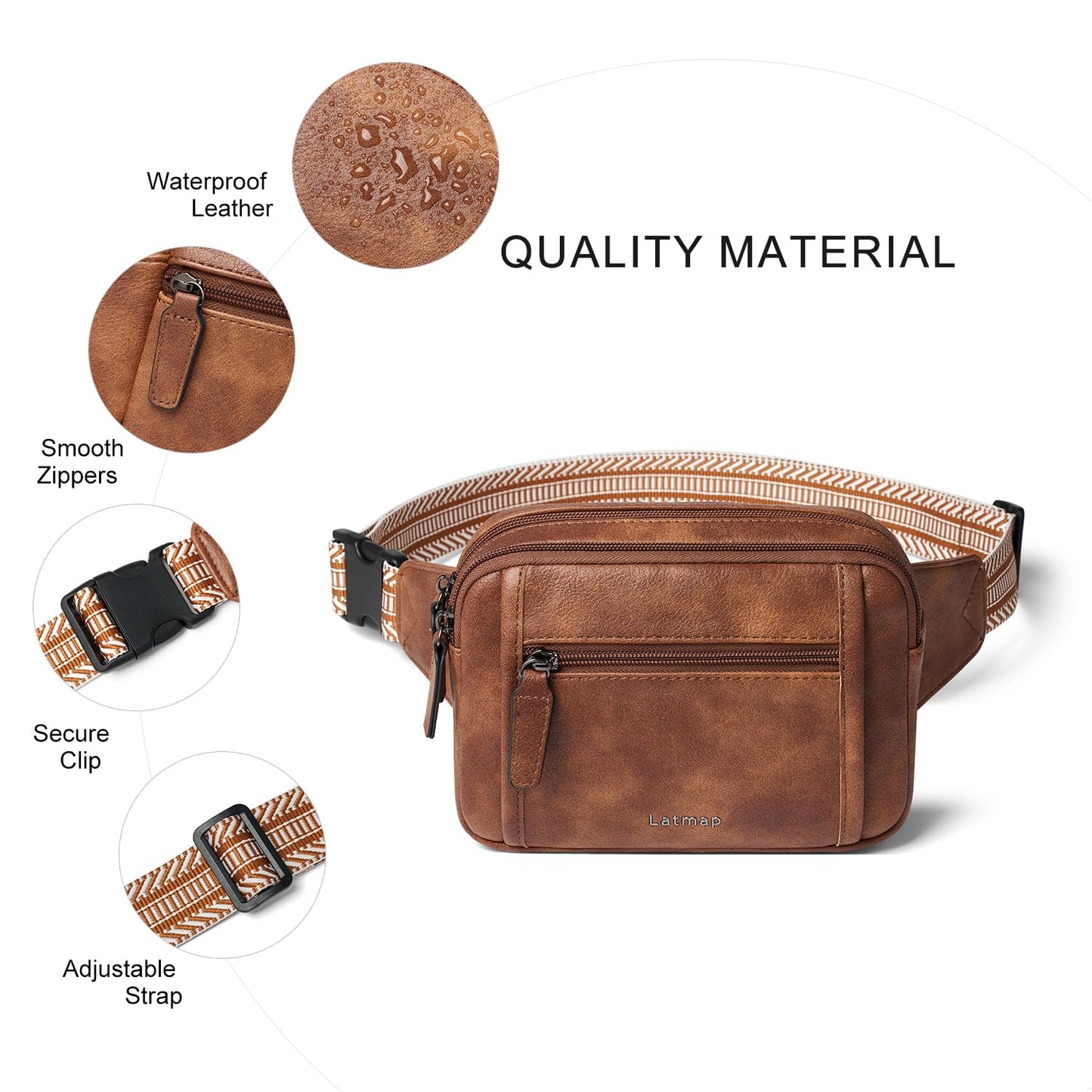 LATMAP 3L TRIPLE ZIP Fanny Packs Belt Bag For Women Men Crossbody Waist Pack Sling Chest Bum Travel Bag Purse Faux Leather Fashion Cute Brown