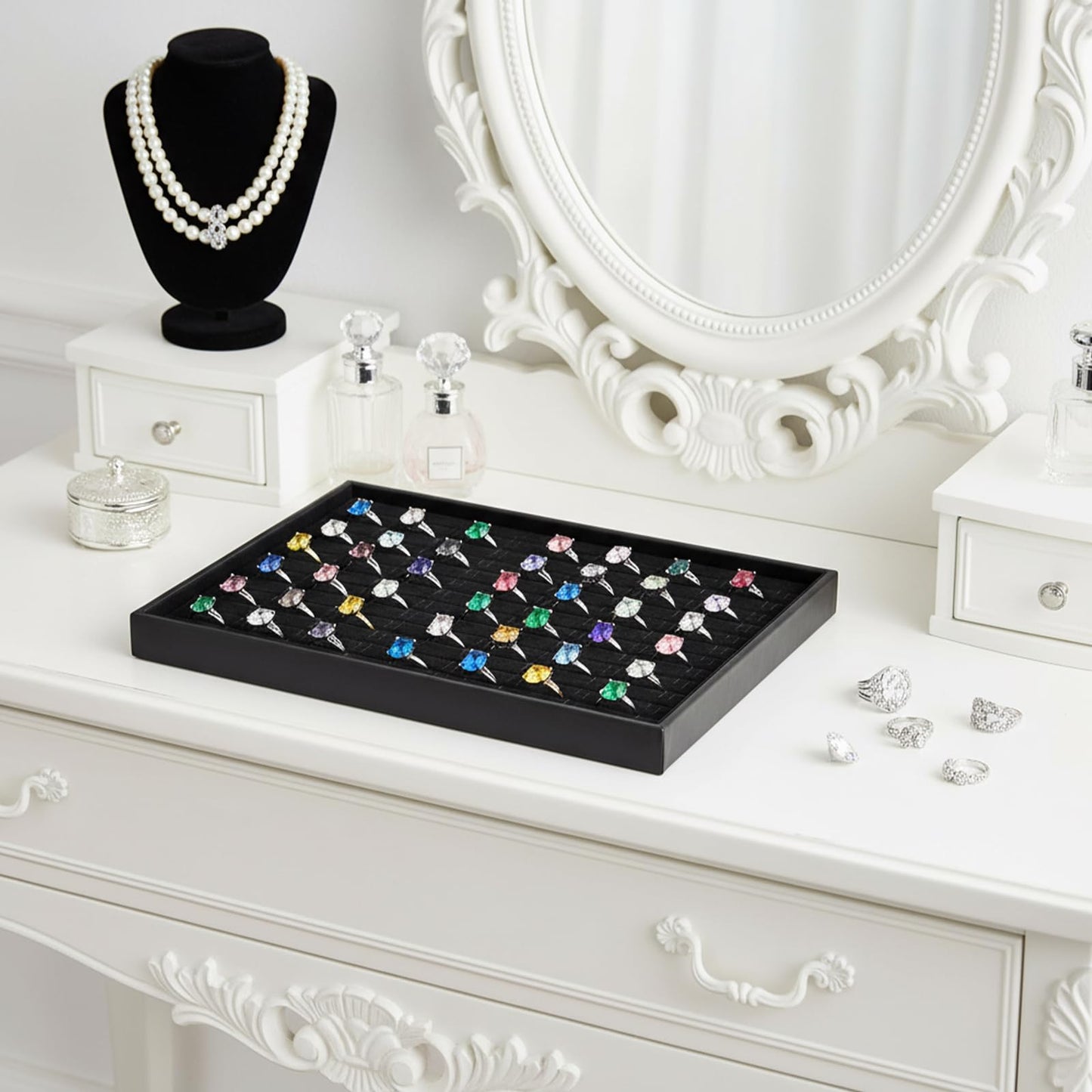 MySHUCE 3 Pcs Ring Organizer Dish Tray, Stackable Jewelry Organizer Trays for Drawer,100 Slots Rings Jewelry Displays Black Velvet Ring Jewelry Display Holder Tray for Selling or Home Show Storage