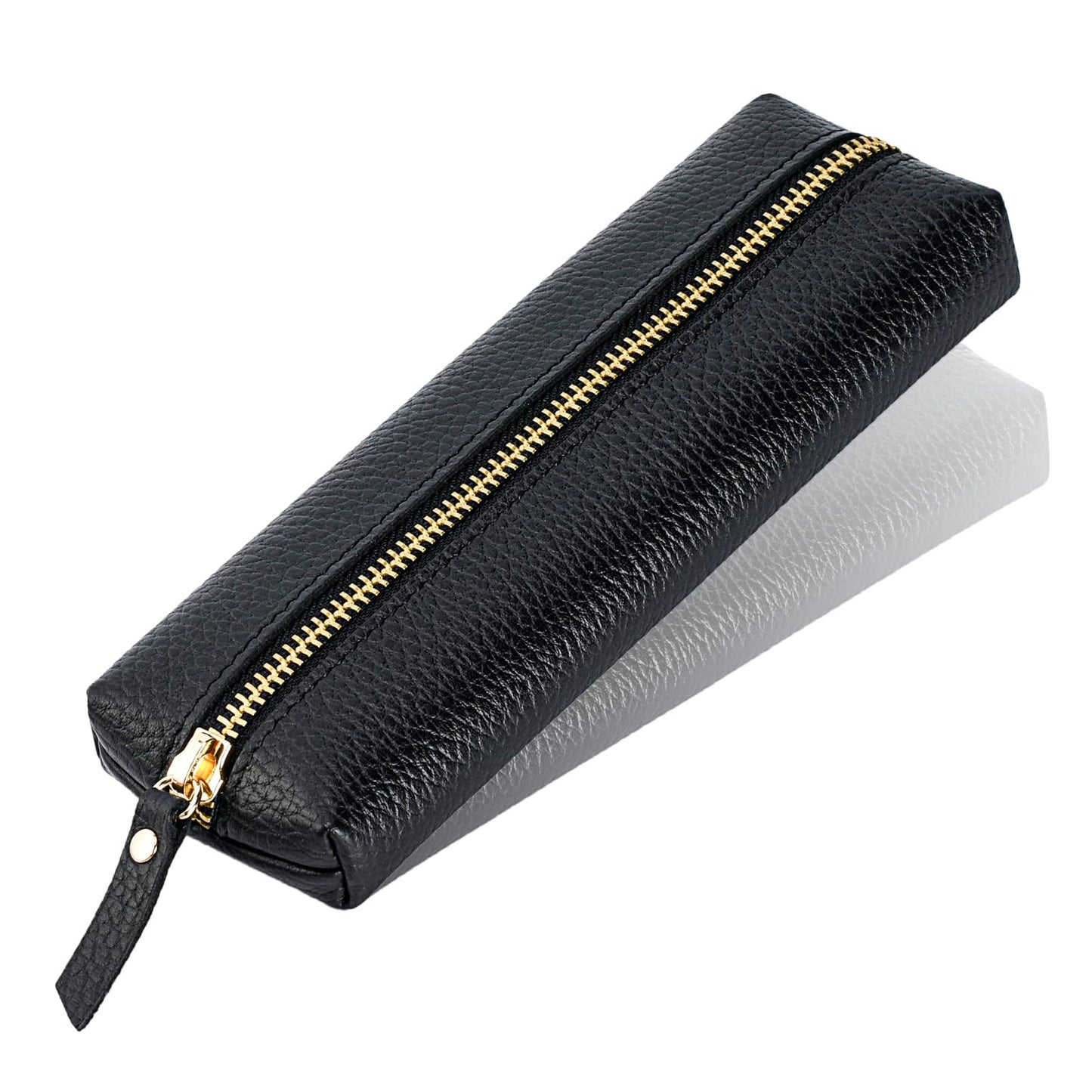 Sluxa Genuine leather pen case, Cowhide pencil pouch with zipper, Soft black pen bag for adults.