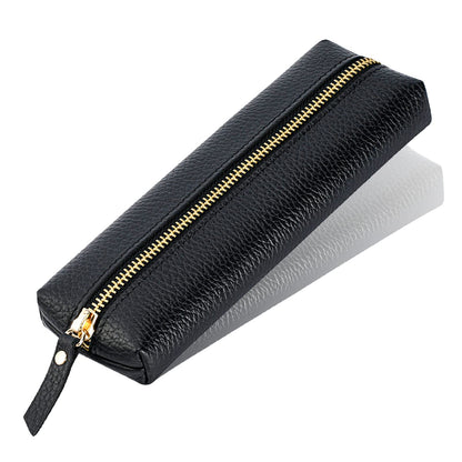 Sluxa Genuine leather pen case, Cowhide pencil pouch with zipper, Soft black pen bag for adults.