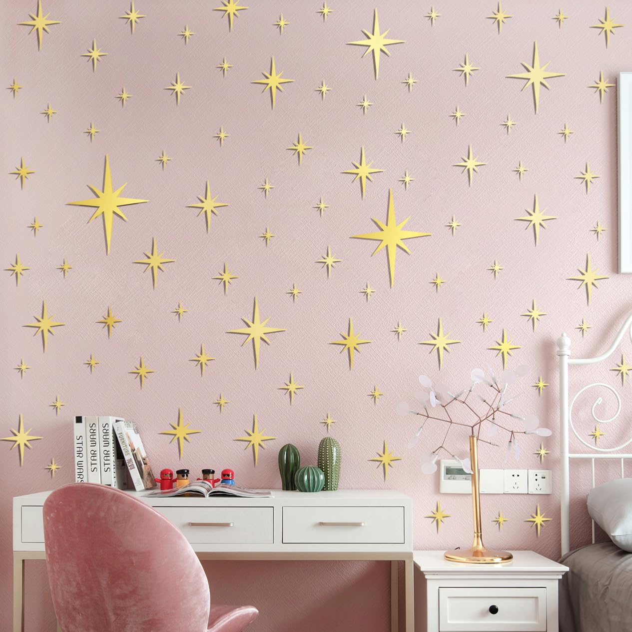 RAINBOW WSK 84 Pcs Star Mirror Wall Decals 3D Acrylic Mirror Wall Stickers Gold Sliver Star Decals Peel and Stick Star Wall Art for Home Boys Girls Bedroom Living Room Nursery JM334-Gold, RW1111