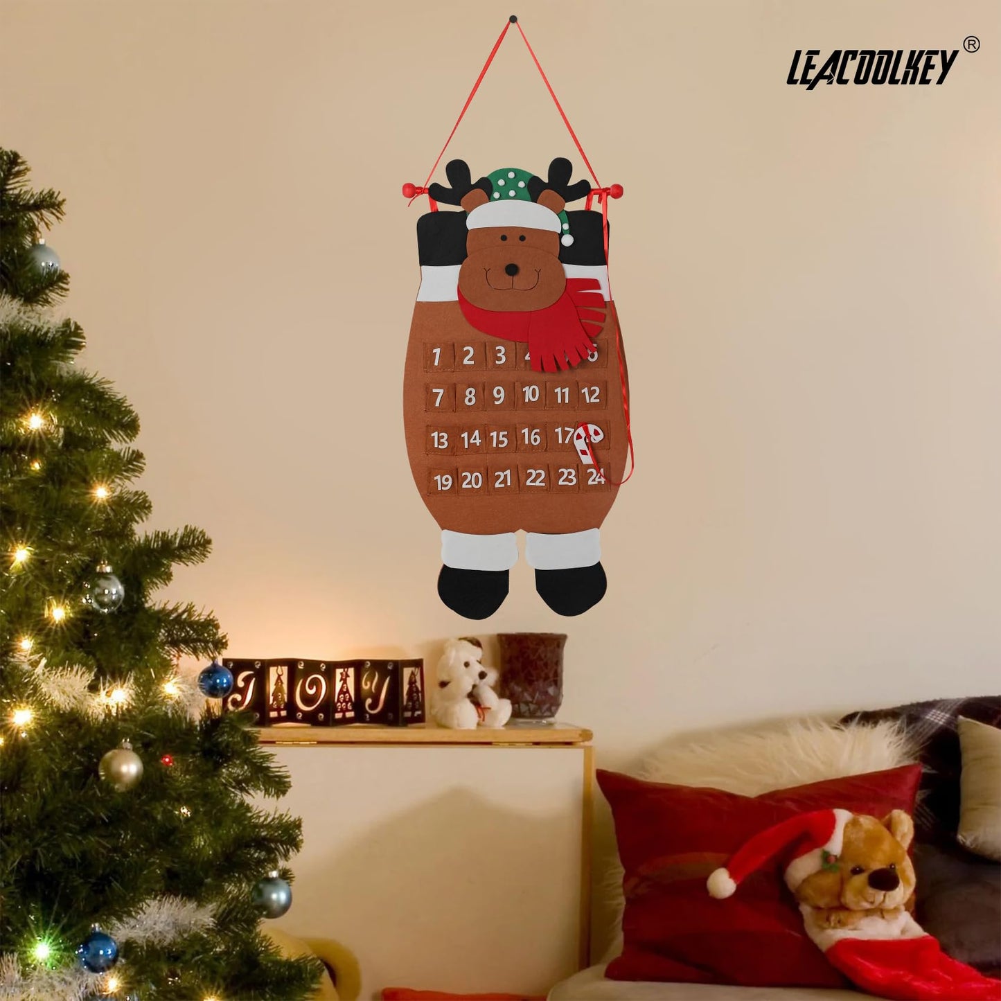 Christmas DIY Advent Calendar Felt Advent Calendar with Pockets Hanging Reusable Countdown Calendar for Kids Christmas Decorations Gifts (Brown elk)
