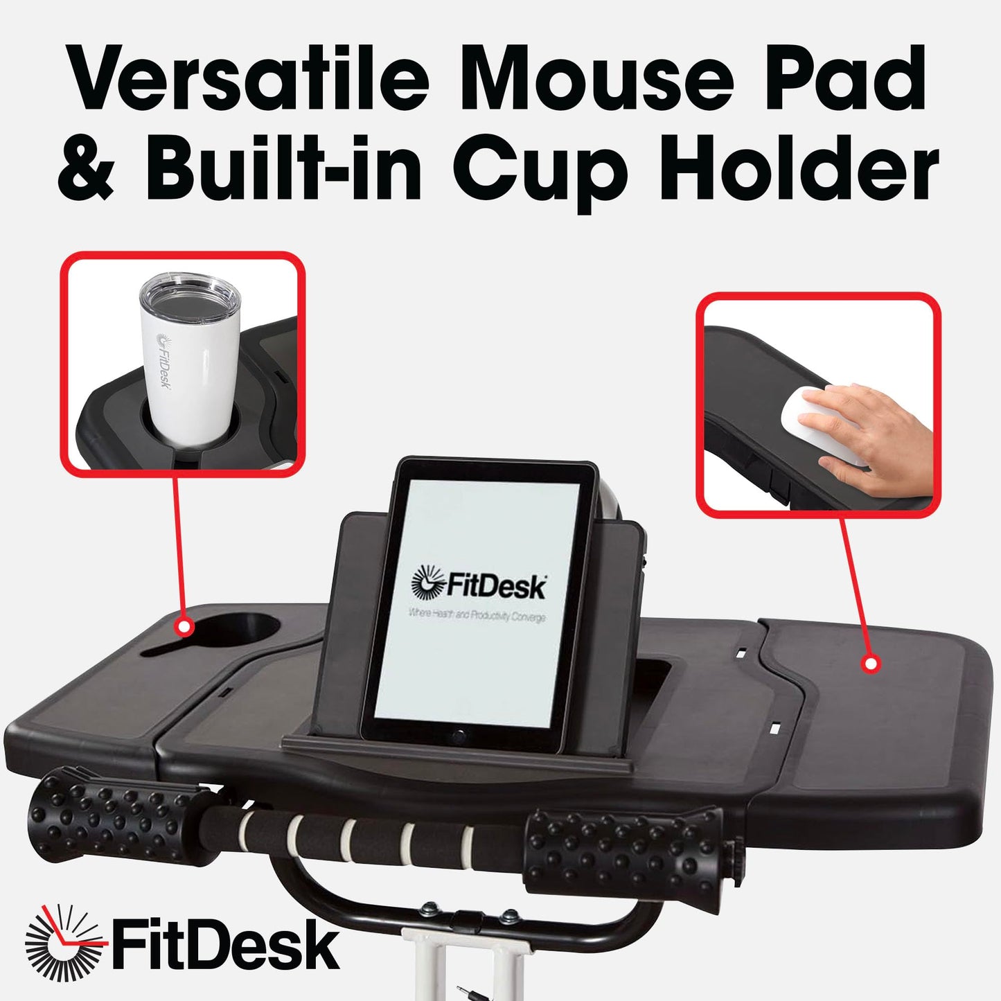 FitDesk Clamp-On Extender for 3.0 Exercise Bike & Standing Desk, Adjustable Laptop Stand, Bike Desk Attachment with Mousepad, Cup Holder & Tray, Fits Up to 17" Laptop, Treadmill Tray