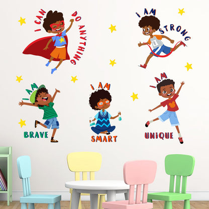 Yovkky Black Boy Inspirational Wall Decals Stickers, African American Positive Quote Toddler Baby Nursery Classroom Decor, Motivational Saying Stars Home Decorations Afro Kids Bedroom Playroom Art