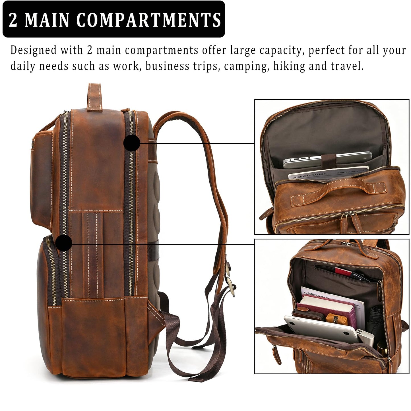 JulBean Full Grain Leather 15.6 Laptop Backpack for Men Work Commute Casual Daypack