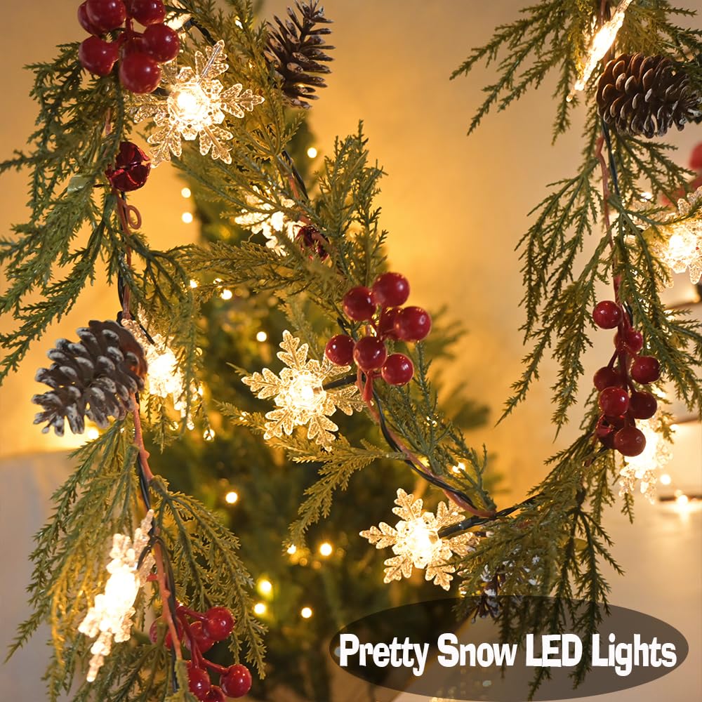 Christmas Garland Lights 6.56FT 20 Snow LED Pine Garland with Lights Battery Operated with Bells Red Berries Pinecones Cypress Greenery Garlands Decoration for Xmas Tree Mantle Door Stairs Home Decor