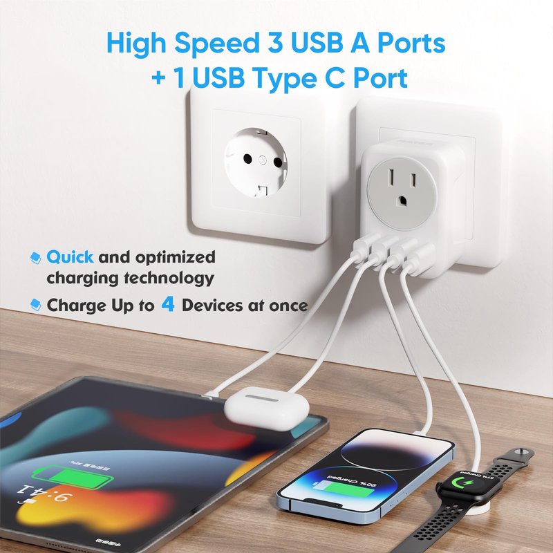 [2-Pack] European Travel Plug Adapter, RATEA International Power Plug Adapter with 3 USB Type A, 1 Type C Outlet Adaptor Charger for US to Most of Europe EU Spain Italy France Germany