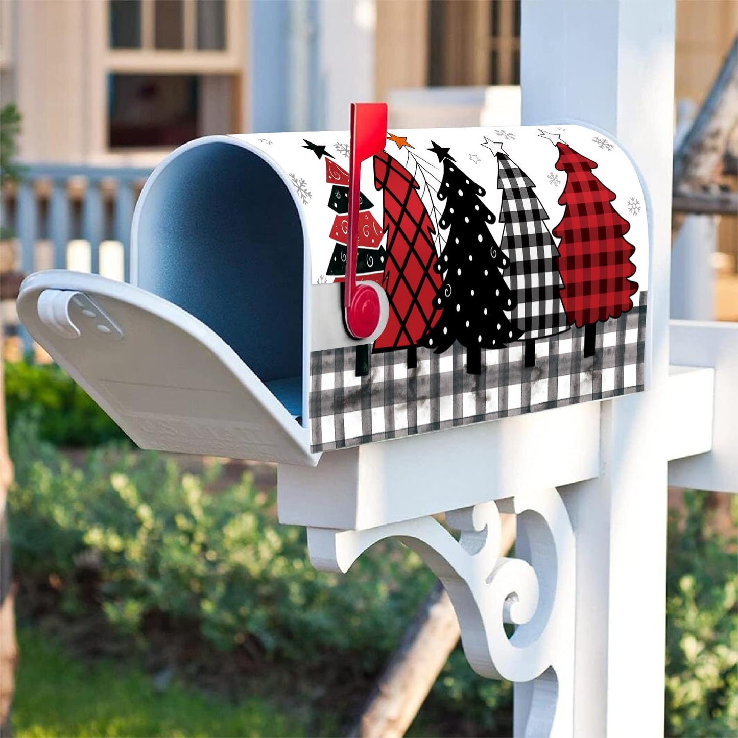 Texupday Buffalo Plaid Christmas Tree Mailbox Cover with Magnetic Strip Winter Holiday Snowflakes Mailbox Wraps Post Letter Box Cover Standard Size 21" X 18" for Garden Outdoor Yard Decor