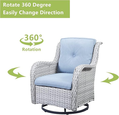 Rilyson Wicker Rocking Chair Swivel Chairs - 3 Piece Rocker Patio Furniture Set Rattan Rocking Bistro Sets with Glass Top Side Table for Outdoor Porch Deck Garden Backyard (Light Grey/Sky Blue)