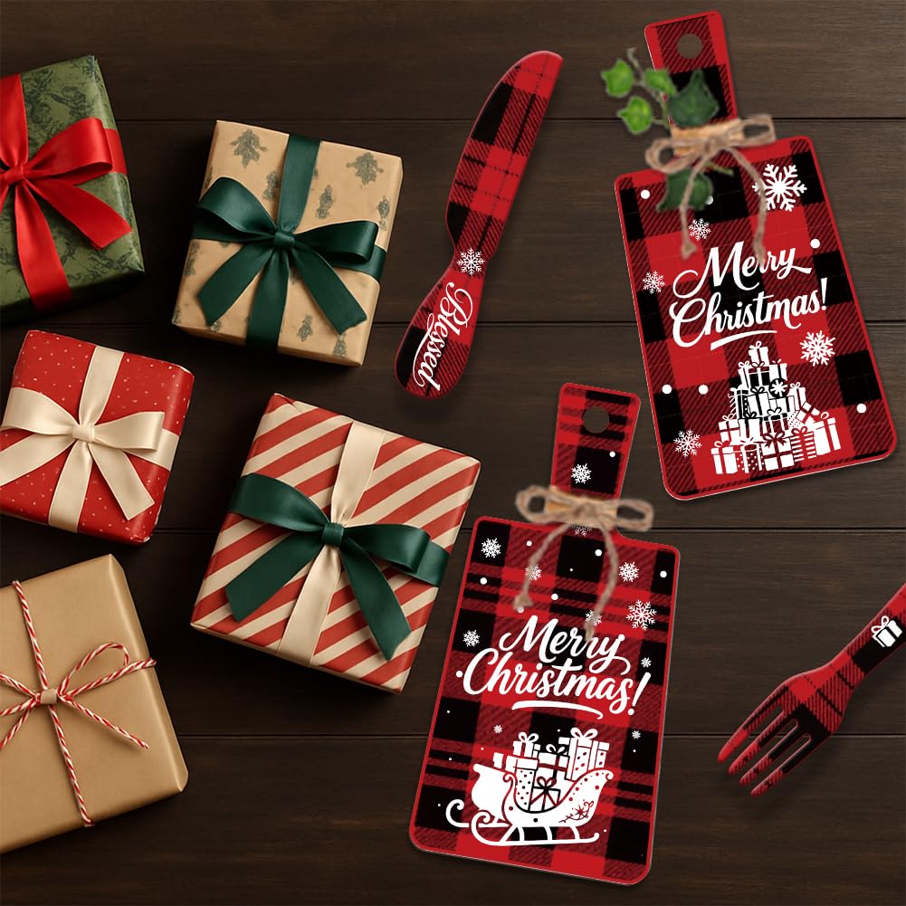 PH PandaHall 6pcs Christmas Wooden Sign, Red Plaid Christmas Kitchen Eat Sign Decorations Wall Decor Eat Art Hanging Fork Spoon Dining Signs for Home Kitchen Dining Living Room Bar Cafe