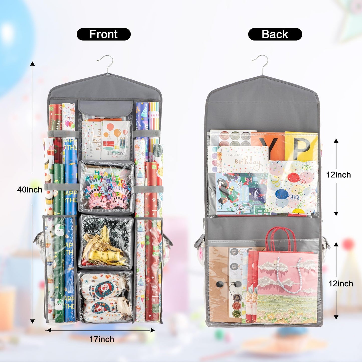 EOLIMEX Christmas Wrapping Paper Organizer Storage, Hanging Gift Bag Storage Organizer, Double-Sided Wrapping Paper Holder Storage - Grey