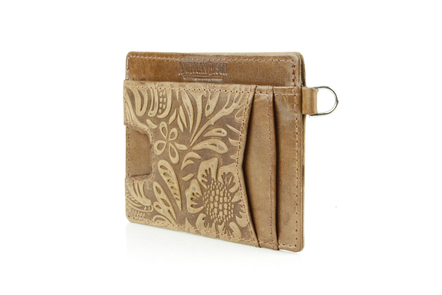 American Bison Embossed Floral Wristlet Wallet for Women – Small ID Card Holder with Credit Card Slots & Pull Tab Organizer – Compact Leather Wrist Strap Clutch (Tan)