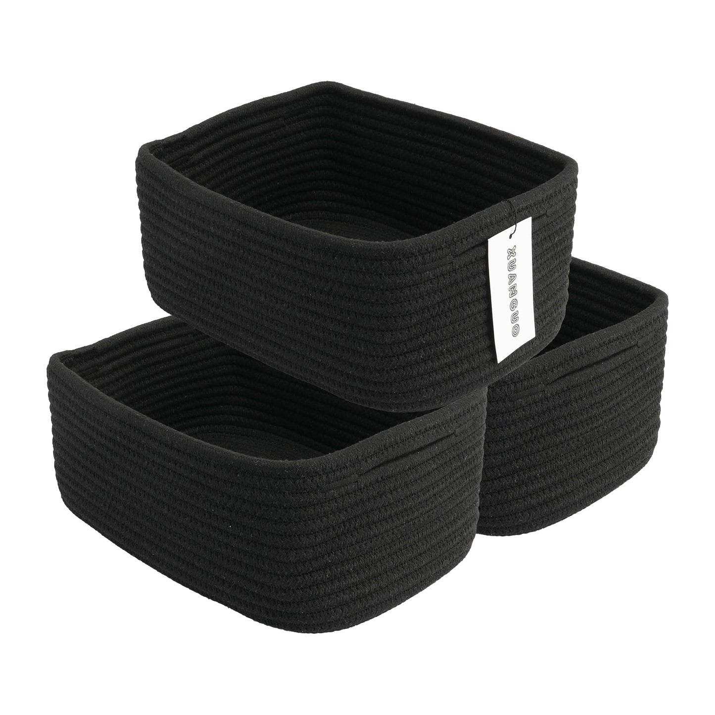 XUANGUO Small Woven Storage Baskets 12“X8”X5“ Decorative Rope Bins for Organizing Shelves, Closets, and Toys, Empty Gift Baskets, Cute Organizer Basket for Home and Office (black, regular)