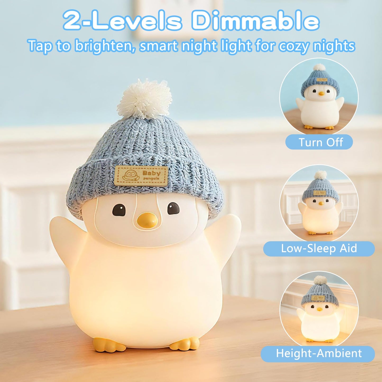 FAMIDUO Penguin Night Light for Kids, Adorable Penguin Lamp with Hat, Food Grade Silicone Nursery Nightlight, Rechargeable/Dimmable/Timer,LED Squishy Novelty Animal Bedside Lamp,Funny Gifts for Boys