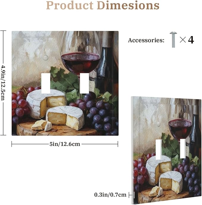 Decorative Art Light Switch Covers Wineglass & Artisanal Cheeses 2 Gang Double Toggle Wall Plate Decorative Switchcover Electrical Switchplate for Home Decor