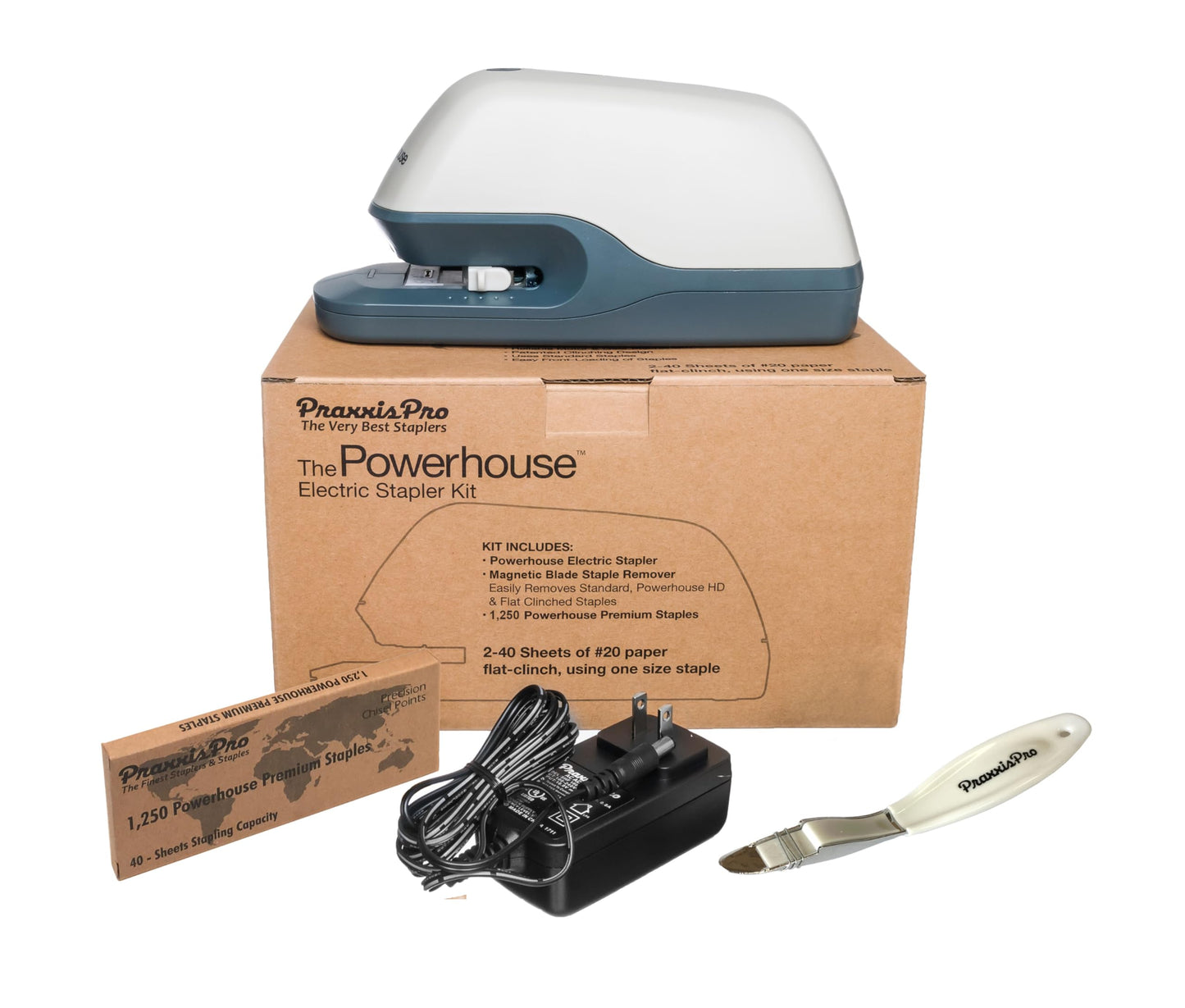 PraxxisPro Powerhouse Ultra-Quiet 40 Sheet Premium Electric Stapler – Jam-Free Flat Clinch for Office, School, or Home – Adapter, Magnetic Remover, 1,250 Staples, Does not Require Special Staples
