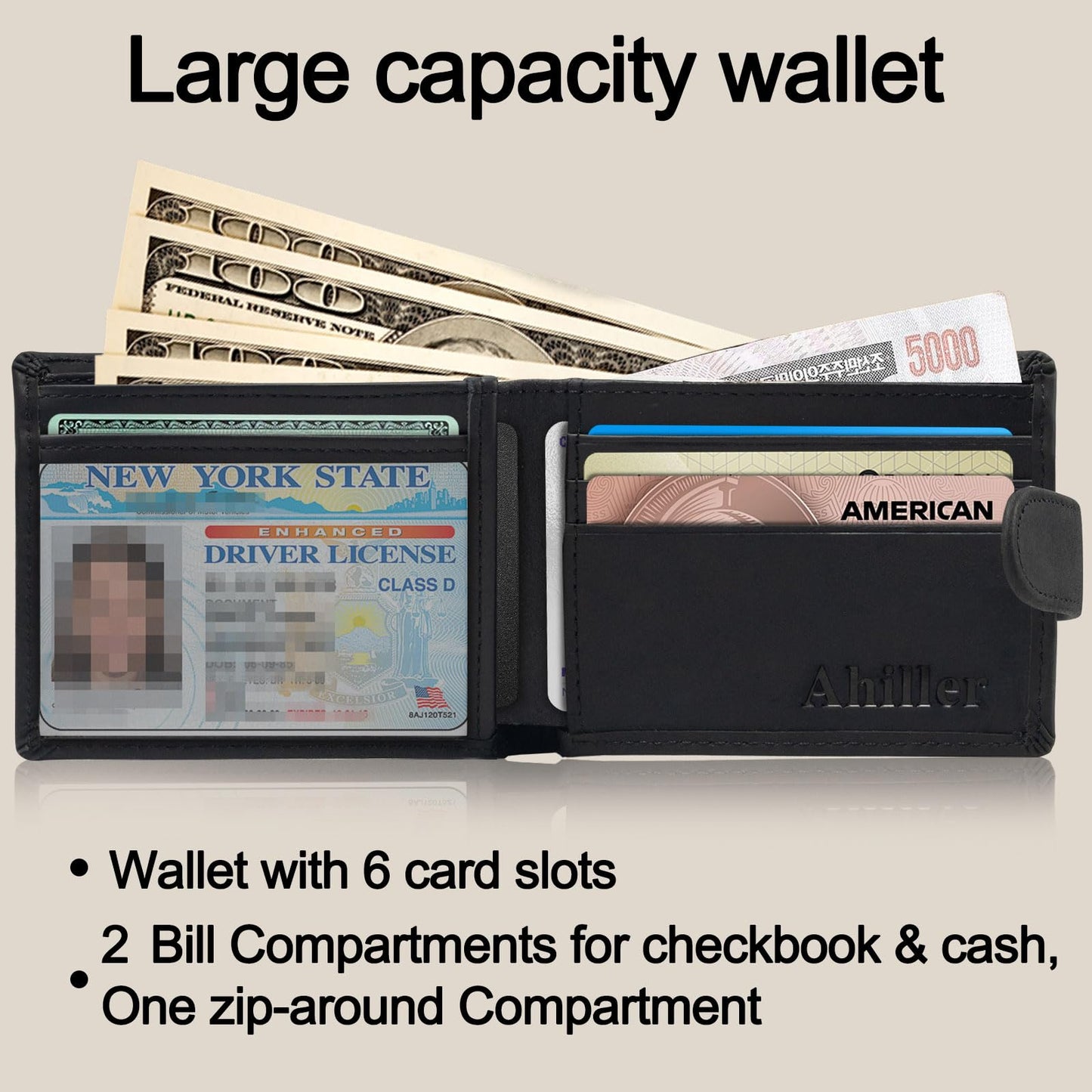 Ahiller Chain Wallet for Men Crazy Horse Bifold Leather Wallet with Chain, Anti-Theft Mens Wallets with Gift Box,Zippered Bill Compartment,ID Window, Card Slots-Black
