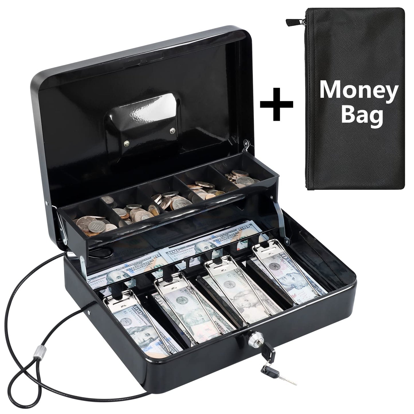 KYODOLED Cash Box with Money Tray, Key Lock Money Safe with Security Cable and Waterproof Bag, 11.81L*9.45W*3.54H inch, Black X Large