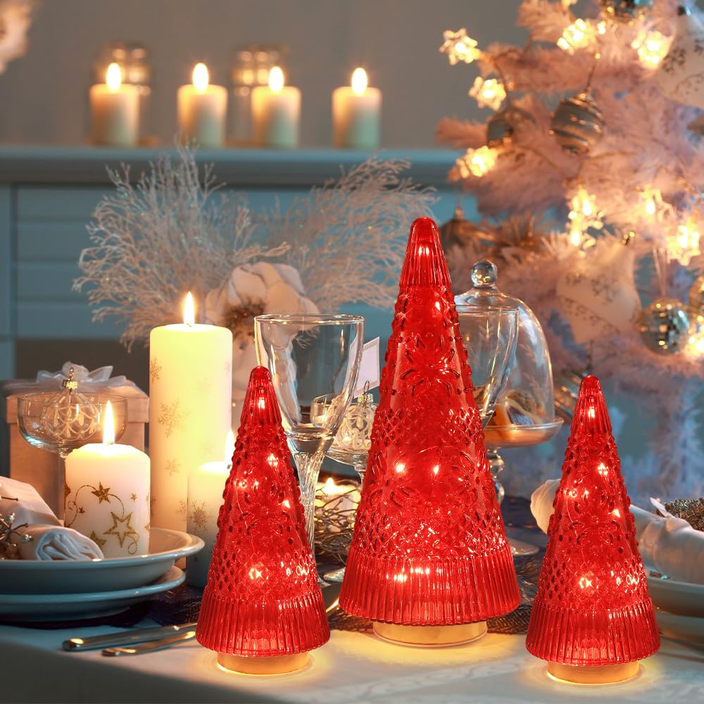 PHITRIC Christmas Decorations Indoor, 3 PCS Sparkling Glass Red Christmas Tree Table Centerpieces Decor with LED Lights and Timer, Xmas Tree Decorations for Home, Mantel, Shelf, Office, Tabletop