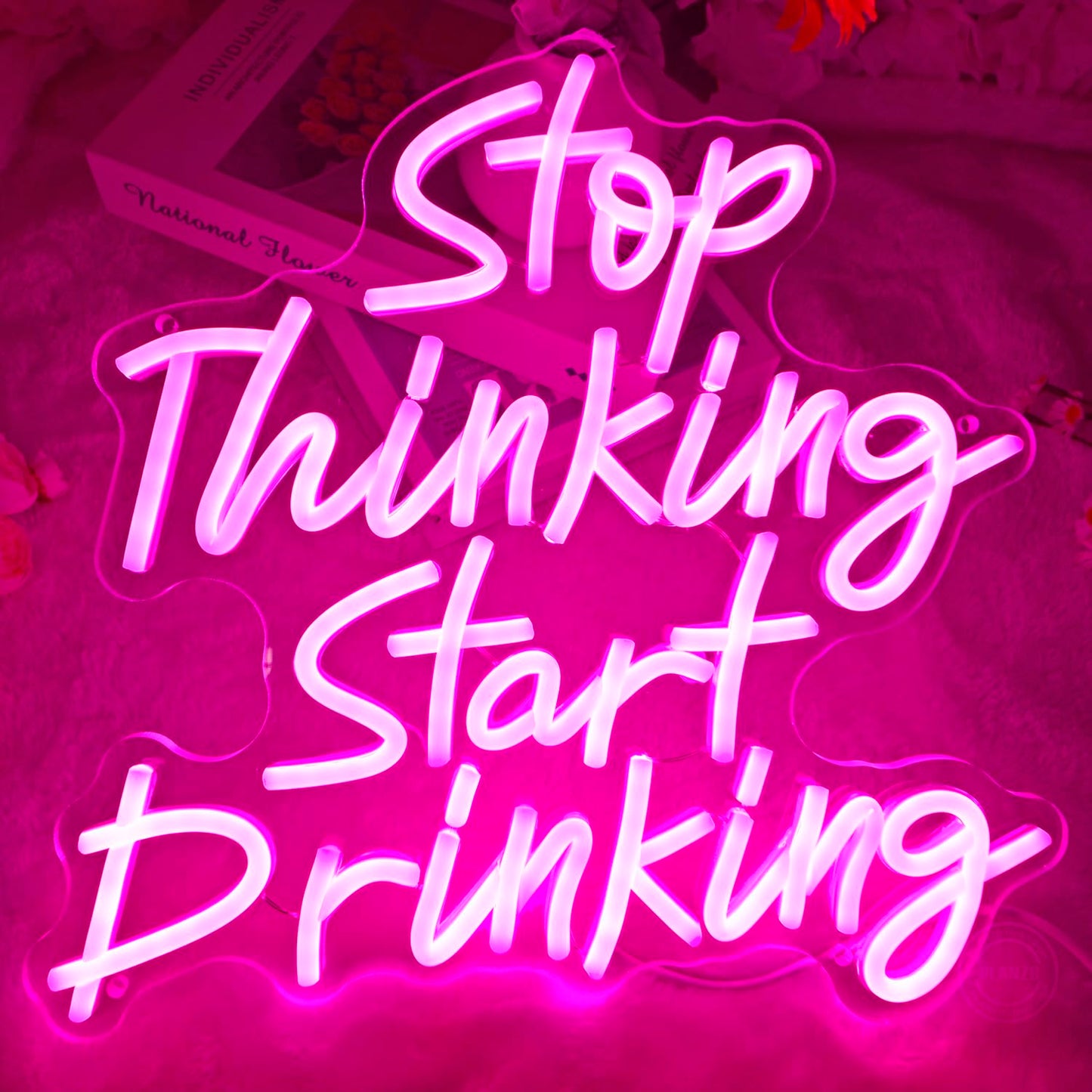 Planzo Stop Thinking Start Drinking Neon Sign Wall Decor Beer Sign for Home Bar Pub Bistro Man Cave Garage Night Club Coffee Shop LED Light Sign Kitchen Bedroom Birthday Party Gift 5V USB Pink