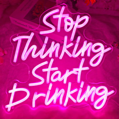 Planzo Stop Thinking Start Drinking Neon Sign Wall Decor Beer Sign for Home Bar Pub Bistro Man Cave Garage Night Club Coffee Shop LED Light Sign Kitchen Bedroom Birthday Party Gift 5V USB Pink
