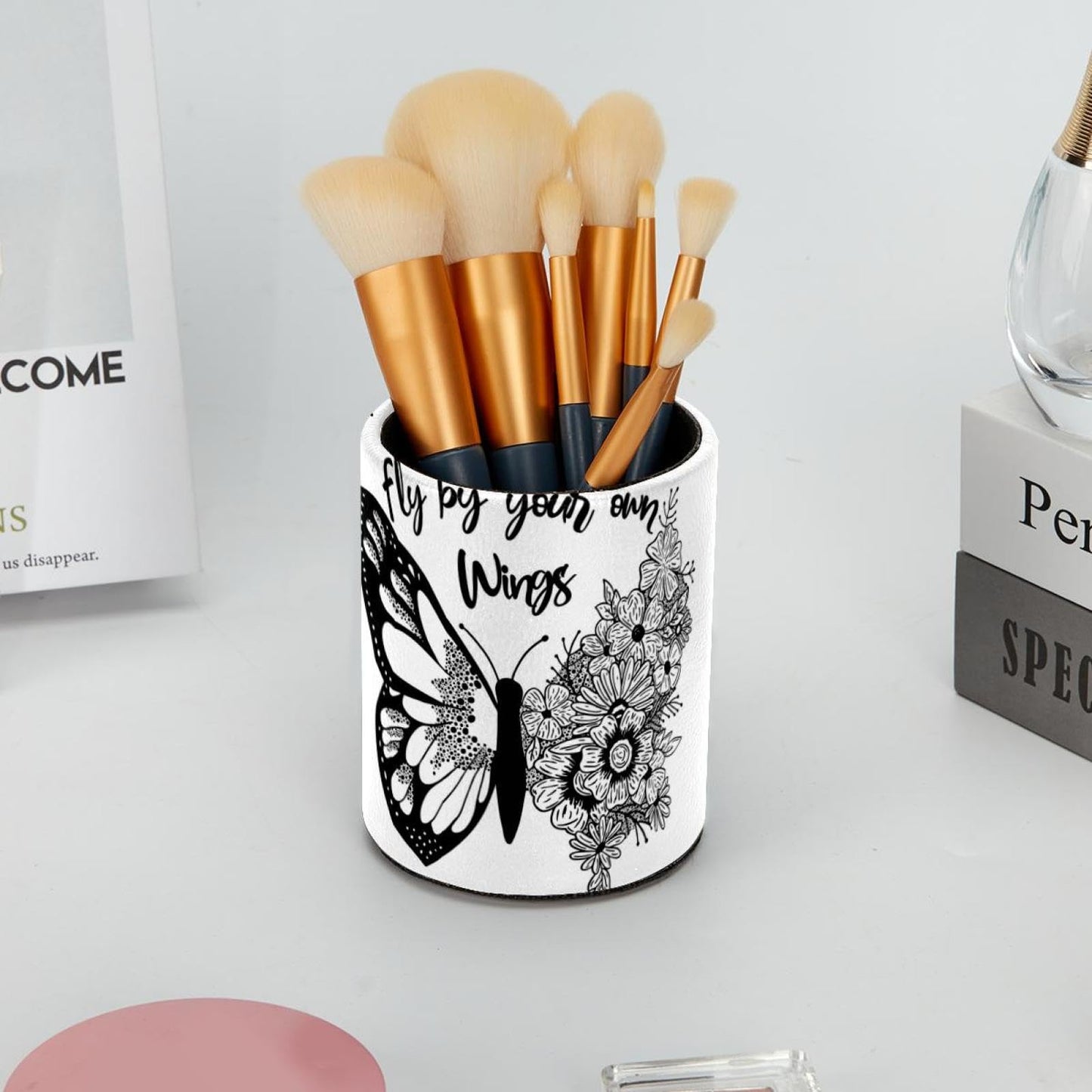 LWSHUNYI Black and White Butterfly Flowers Pen Holder, PVC Leather Pencil Holder for Desk, Pencil Cup Pot Desk Organizer and Accessories Makeup Brush Holder for Office, School, Home, Art Supply