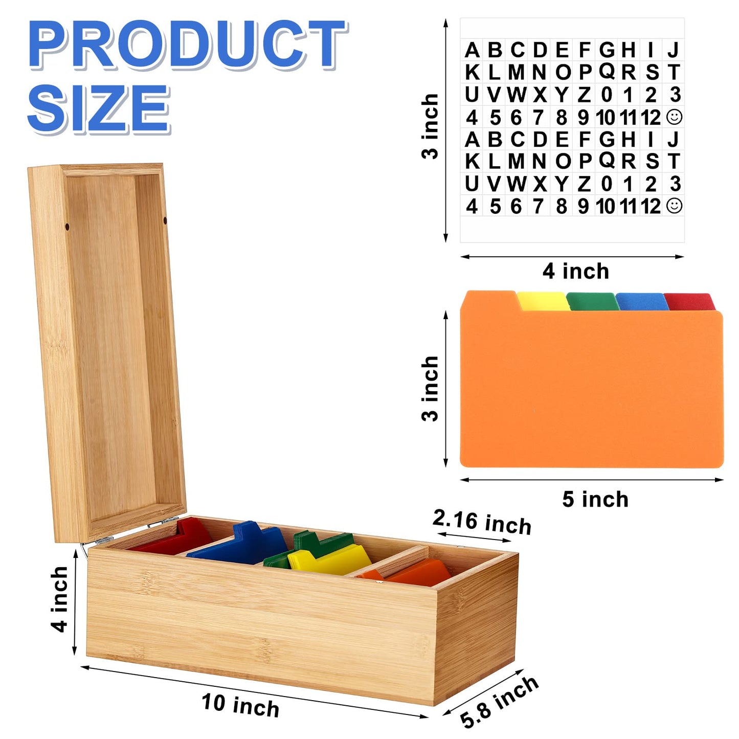 Henoyso 3 x 5 Inch Index Card Holder Set, Bamboo Organizer Box with 50 Dividers & 2 Sheets Alphabet Number Stickers File Note Holders, Holds 1200 Cards for Office Business Home Kitchen, Wooden Color