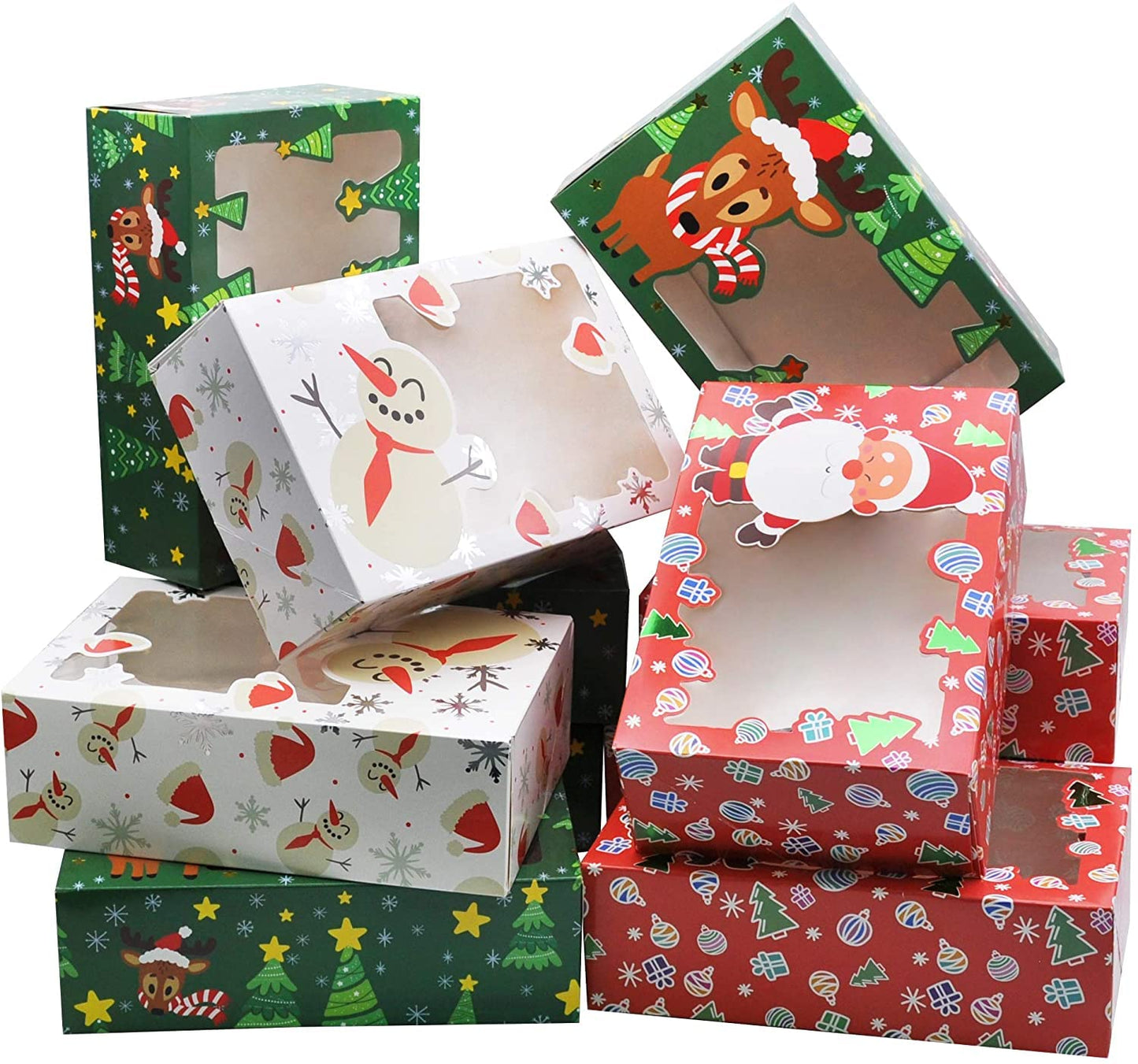 JOYIN 24 PCS Christmas Foil Treats Cookie Gift Boxes (8.75" x 5.75" x 2.75") Colorful Pattern Bakery Box with Window for Xmas Holiday Birthday Party Pastries, Cupcakes, Brownies, Donuts Gift-Giving