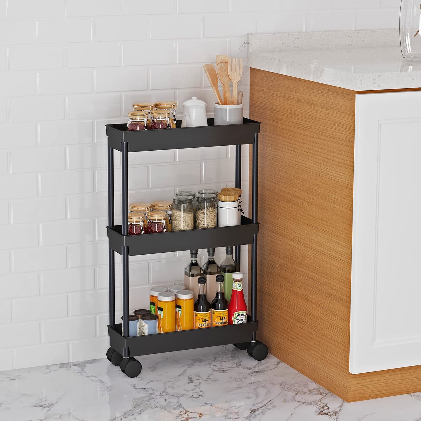 Sooyee 3-Tier Rolling Cart with Wheels, Slim Narrow Storage Cabinet, Under Desk Storage Organizer for Office, Bathroom, Kitchen, Laundry Room, Narrow Places, Black