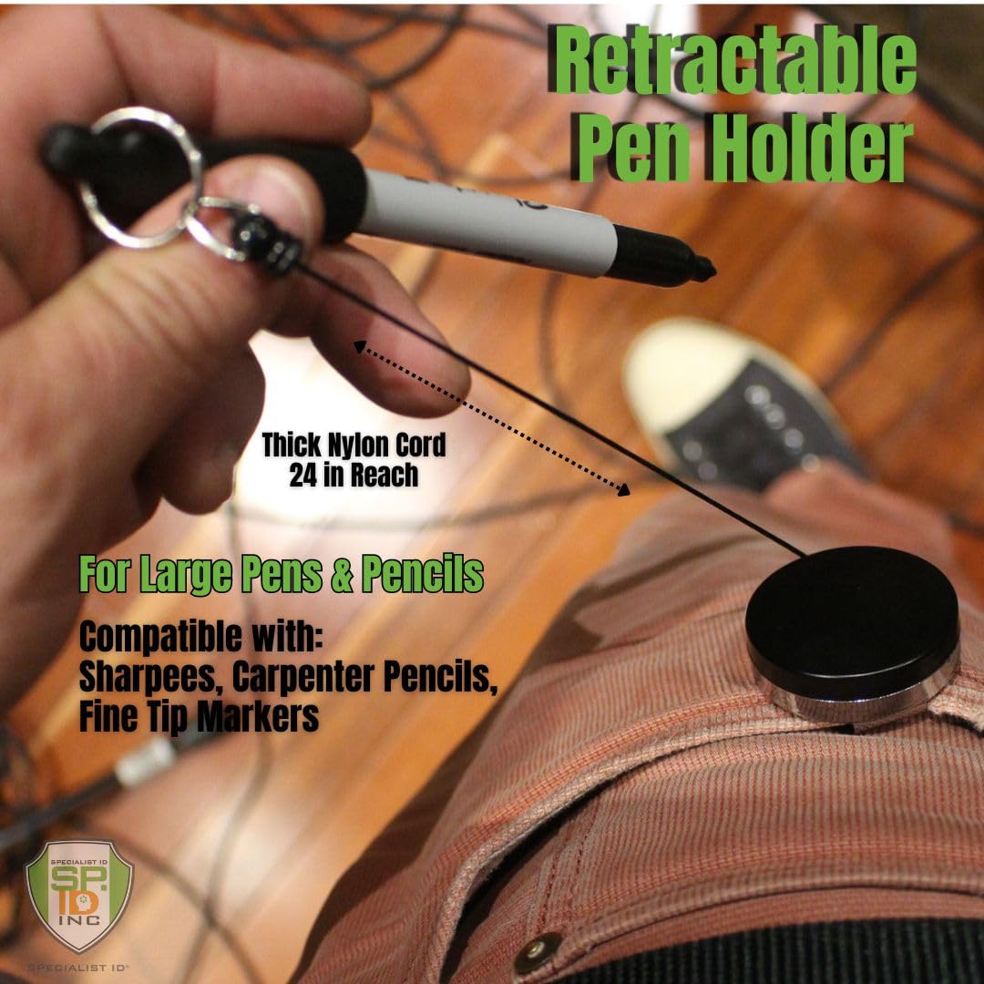 2 Pack - Heavy Duty Retractable Pull Pen Holder - Ideal for Markers & Carpenter Pencils - Nylon Cable, Self Retracting Reel & Tight Metal Belt Clip Retractable Carpenter Pencil Holder by Reel-N-Rite