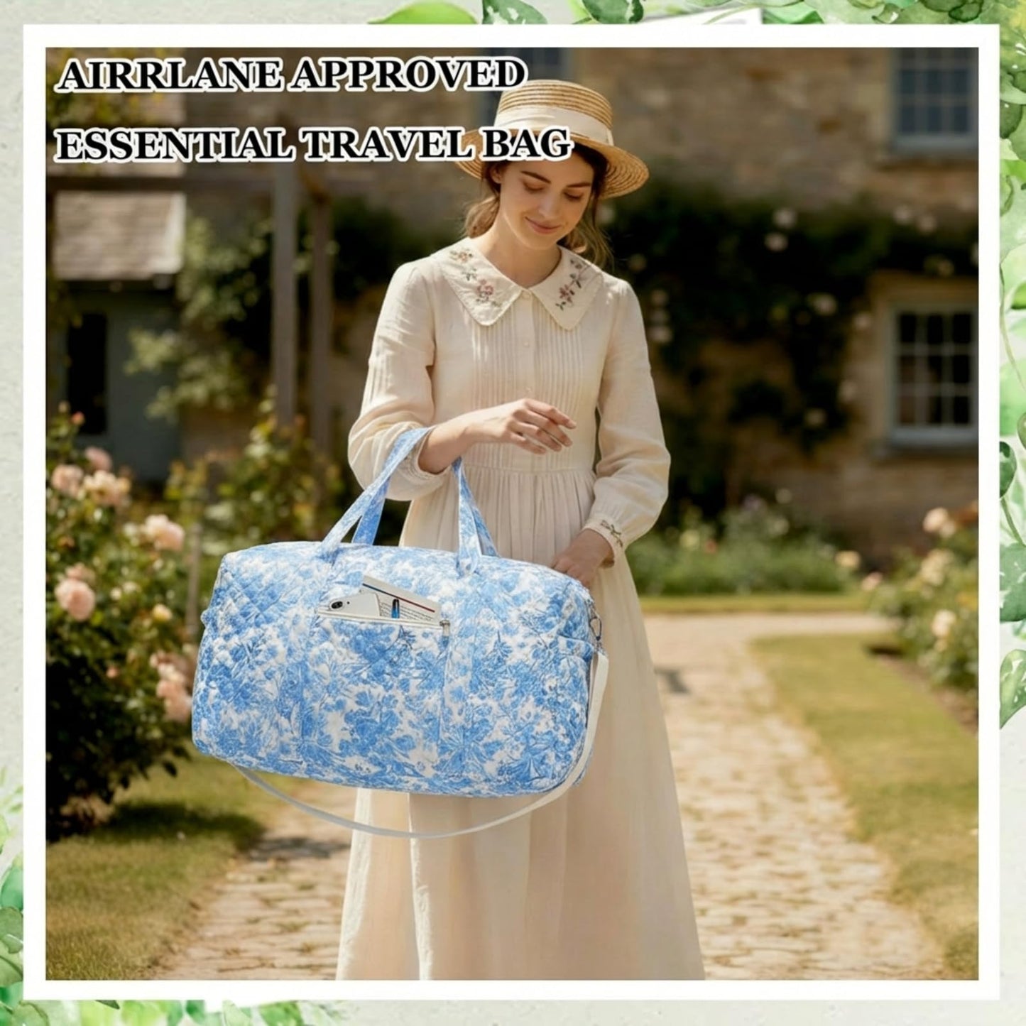Dansydaisy Large Quilted Travel Duffle Bag for Women Floral Portable Gym Weekender Bag with Zipper Pockets Workout Grocery Pouch Duffle Gift Pouch for Work(Blue Floral)
