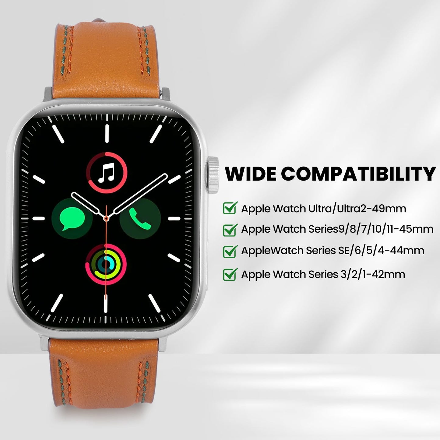 Soft Genuine Leather Band for Apple Watch 49mm 46mm 45mm 44mm 42mm - Women/Men Vintage Retro Replacement Wristband Strap with Metal Buckle for iWatch Ultra 3/2/SE/Series 11/10/9/8/7/6/5/4/3 - Brown