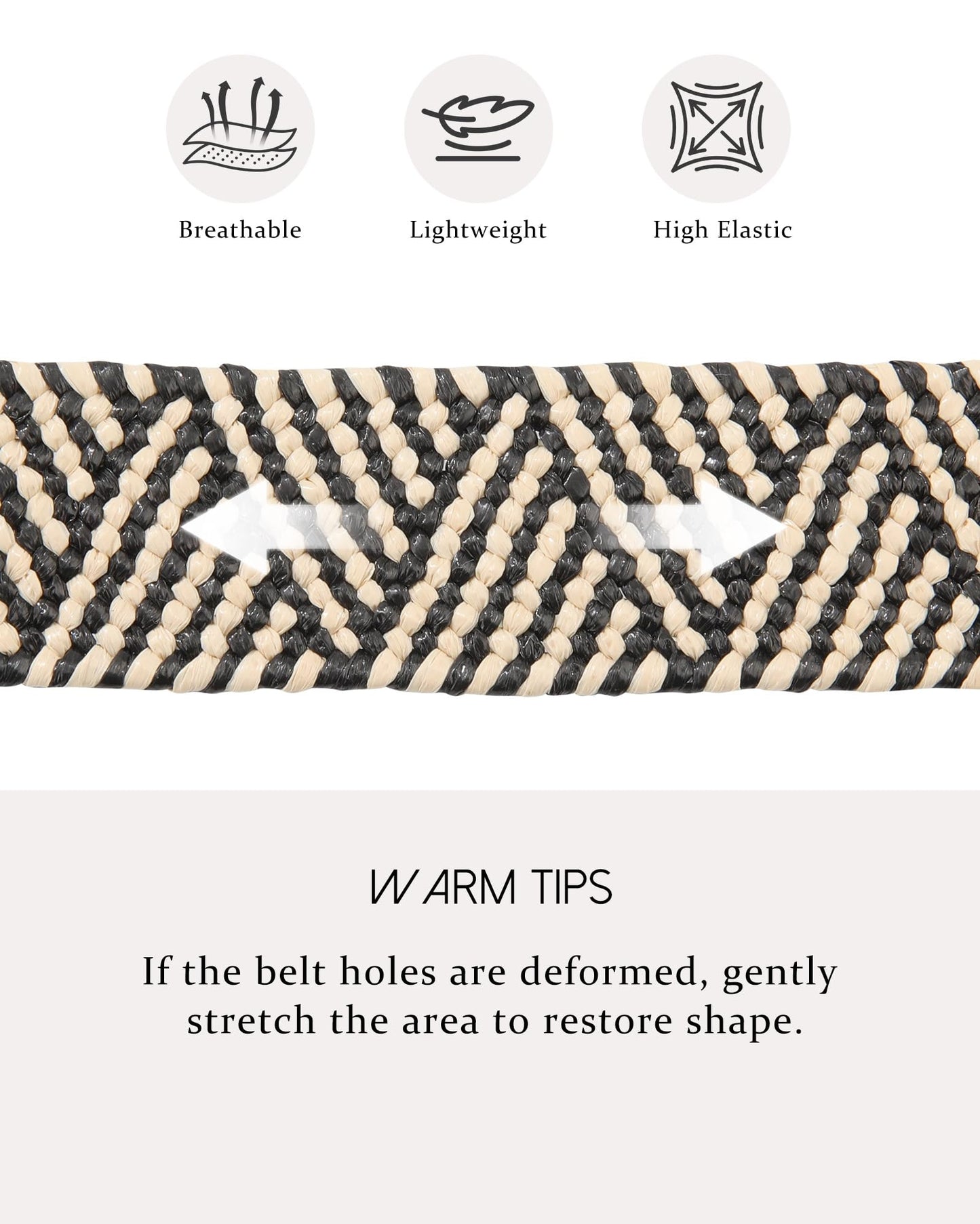 AWAYTR Womens Boho Woven Belt - Easy Care Plastic Elastic Belt with Handmade Raffia Buckle for Daily Vacation Work,Black with Beige Stripes,Fit Waist 31''-36''