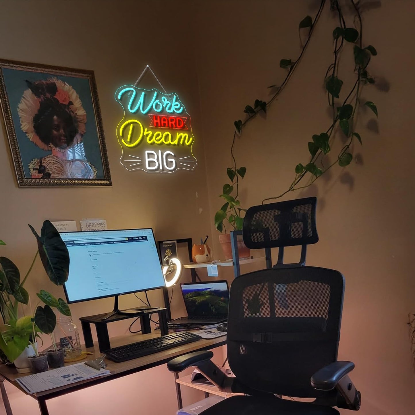 NOSUN Work Hard Dream Big Neon Sign Inspirational slogan personal studio LED Sign Wall Decor Adjustable Brightness Neon Signs USB Connect Neon Light for Bedroom Home Bar Club Hotel Party Decor