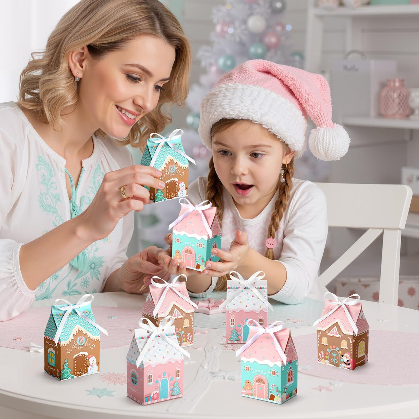 Kritkin 24 Pcs Small Pink Gingerbread House Gift Boxes with Ribbon Mini Christmas Gingerbread House Boxes for Mini Cookie Container Snacks Macaron Candy Dessert Wrapping Holiday Gifts Giving