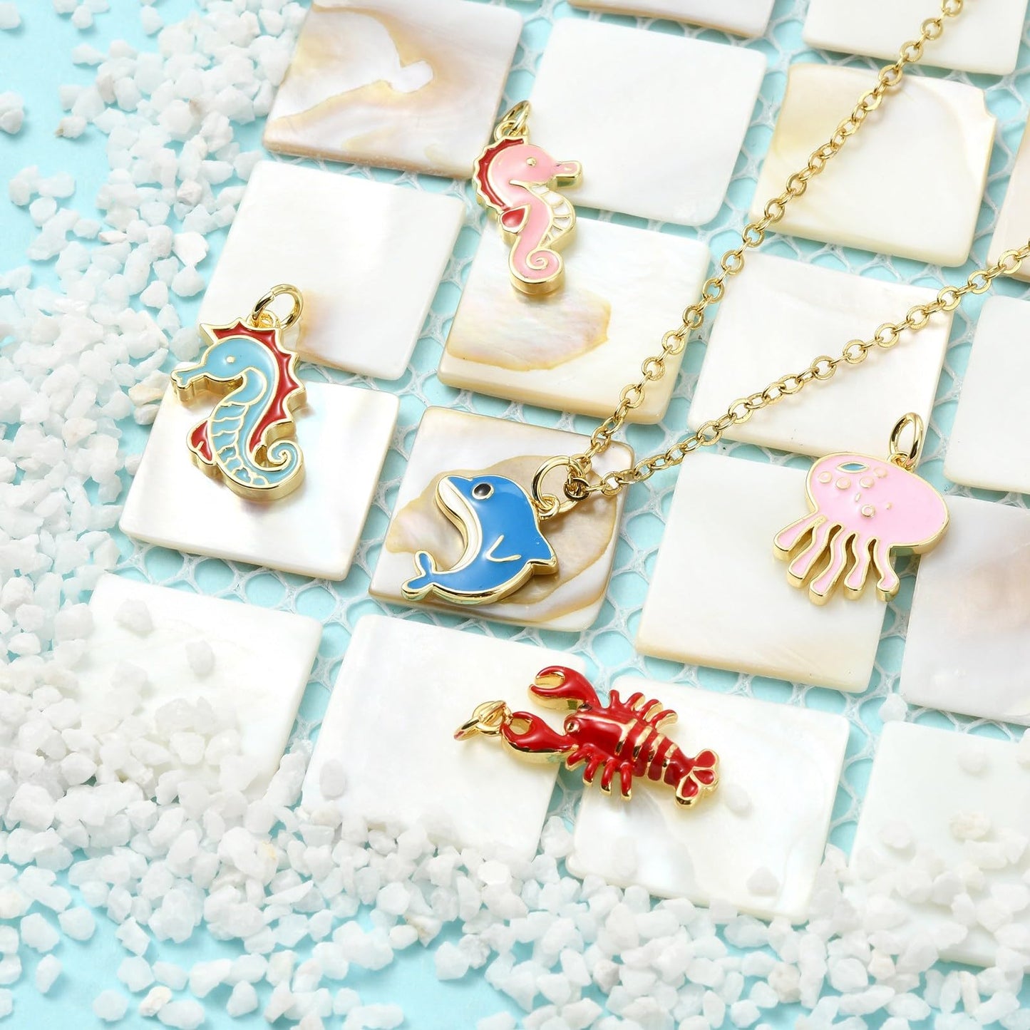 Stiesy Ocean Animal Theme Enamel Charms 5Pcs Brass Jellyfish Lobster Dolphin Sea Horse Marine Life Pendants 18K Gold Plated with Jump Rings for Beach Jewelry Making Sea Inspired Necklaces