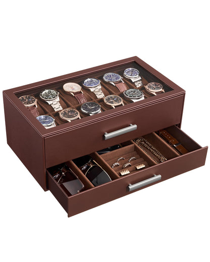ProCase 12-Slot Watch Box, 2-Tier Pull-Out Drawers Display Case for Men, Fathers Day Gift for Dad Men with Clear Top Lid, Jewelry Sunglass Storage Organizer, Anniversary Birthday Gifts -Espresso