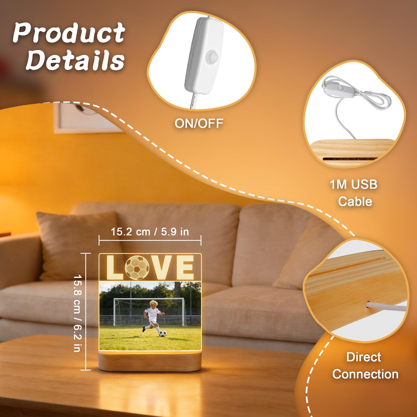 Okayera Light up Picture Frame, Soccer Gifts for Boy Teen Man, Love Football Frame LED Lamp with 4"X6" Photo, Sport Theme Bedroom Tabletop Office Decor, Present for Coach Athlete Fan Athletics