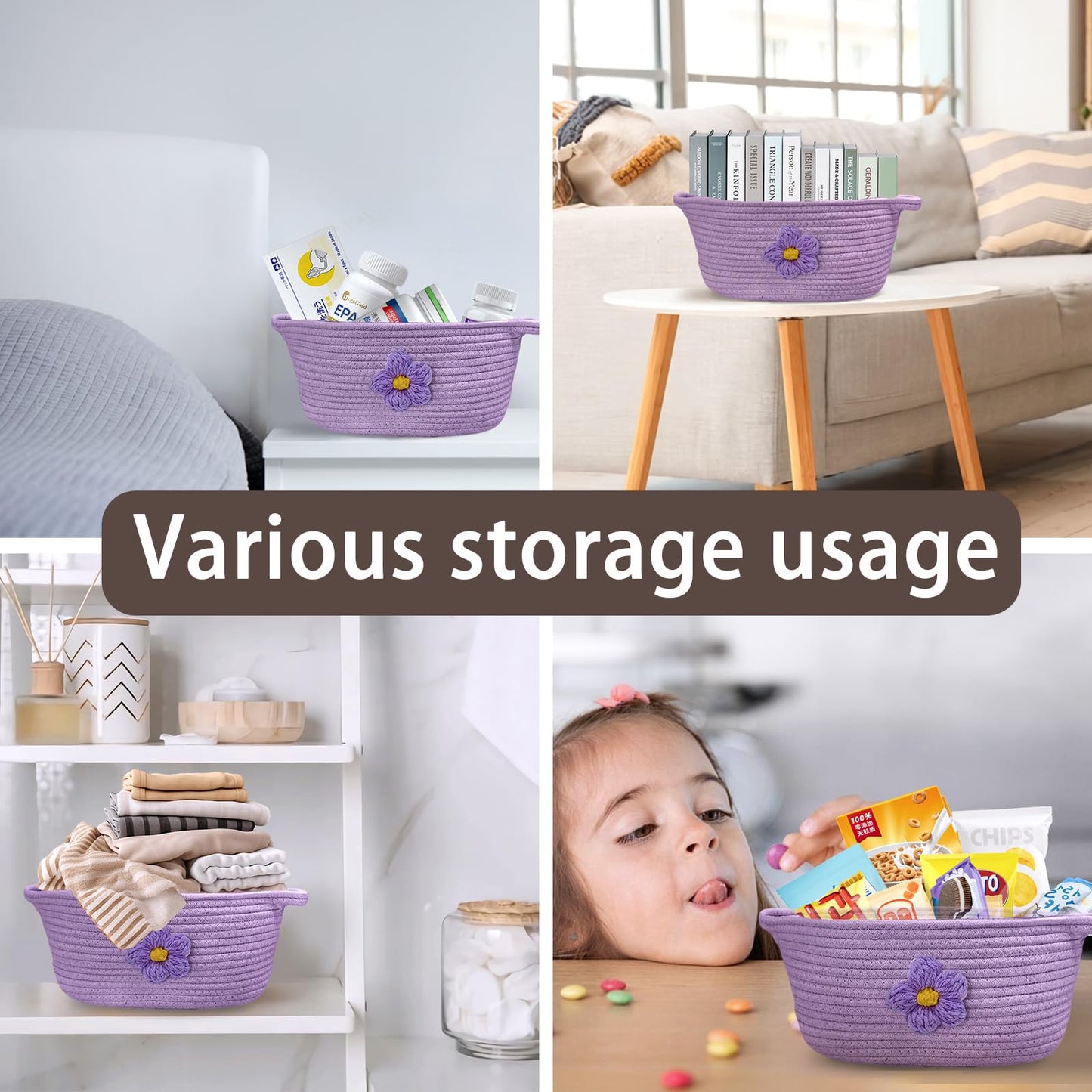 Esme L&H Gift Basket Empty with Bag & Ribbon, Large Capacity Gift Basket,-12"x9"x6", Gift Boo Baskets Empty, Versatile Cotton Rope Storage for Small Items, Baby, Pet Toy(Purple)