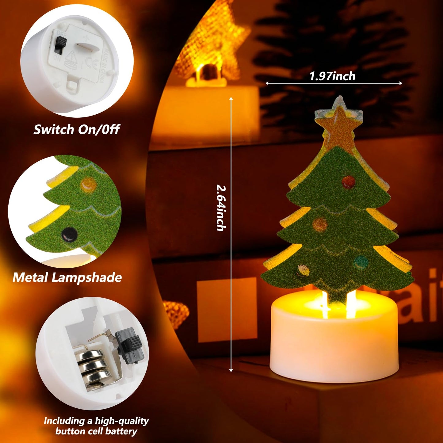 Sariiraw Christmas Tealight Candles, 6PCS Flameless LED Tea Lights with 6 Festive Designs Battery Operated for Holiday Table Centerpiece Decor