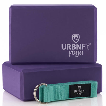URBNFit Yoga Blocks 2 Pack - Sturdy Foam Yoga Block Set with Strap for Exercise, Pilates Workout, Stretching, Meditation, Stability - High Density Non Slip Brick, Fitness Accessories