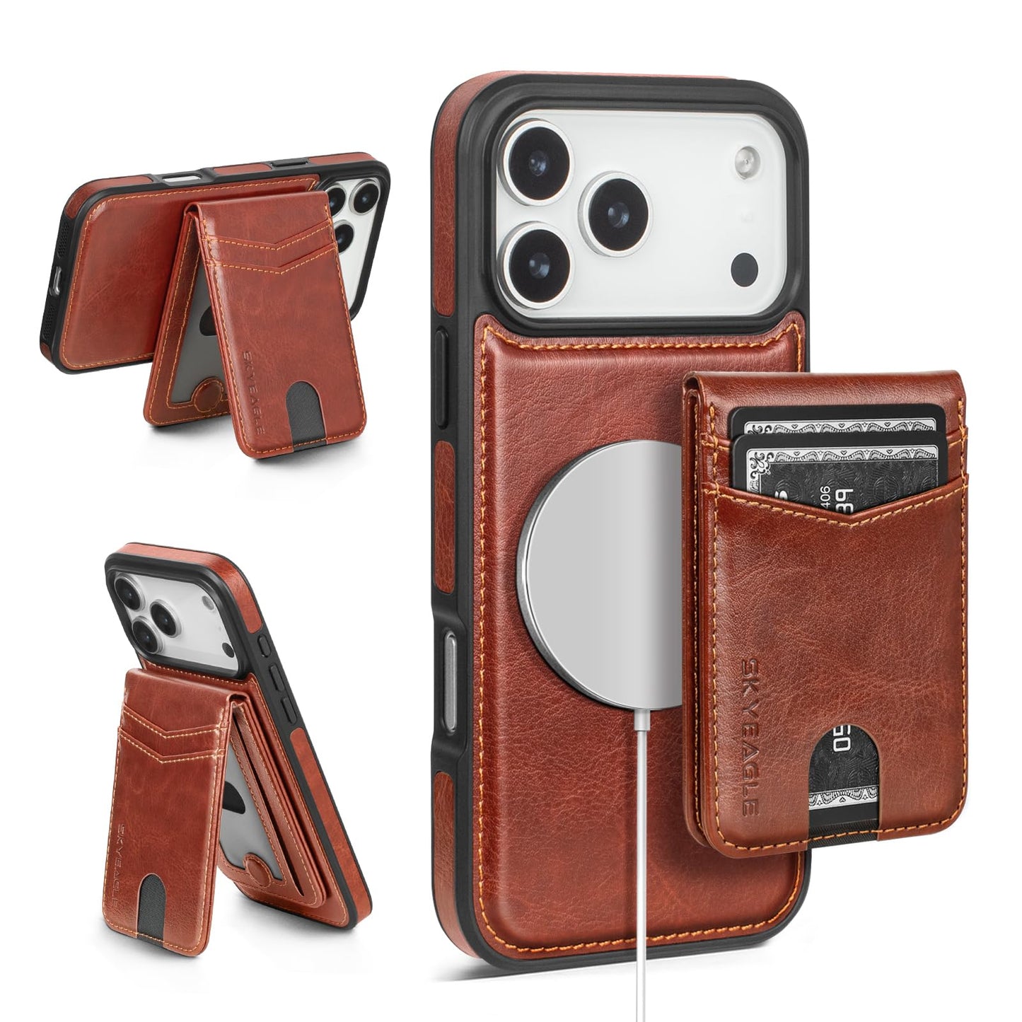SkyEagle Compatible with Magsafe 2 in 1 Detachable iPhone 17 Pro Max Wallet Case with Card Holder,Women Men Magnetic PU Leather RFID Blocking Flip Kickstand Credit Slots,for Apple 17 ProMax,Brown