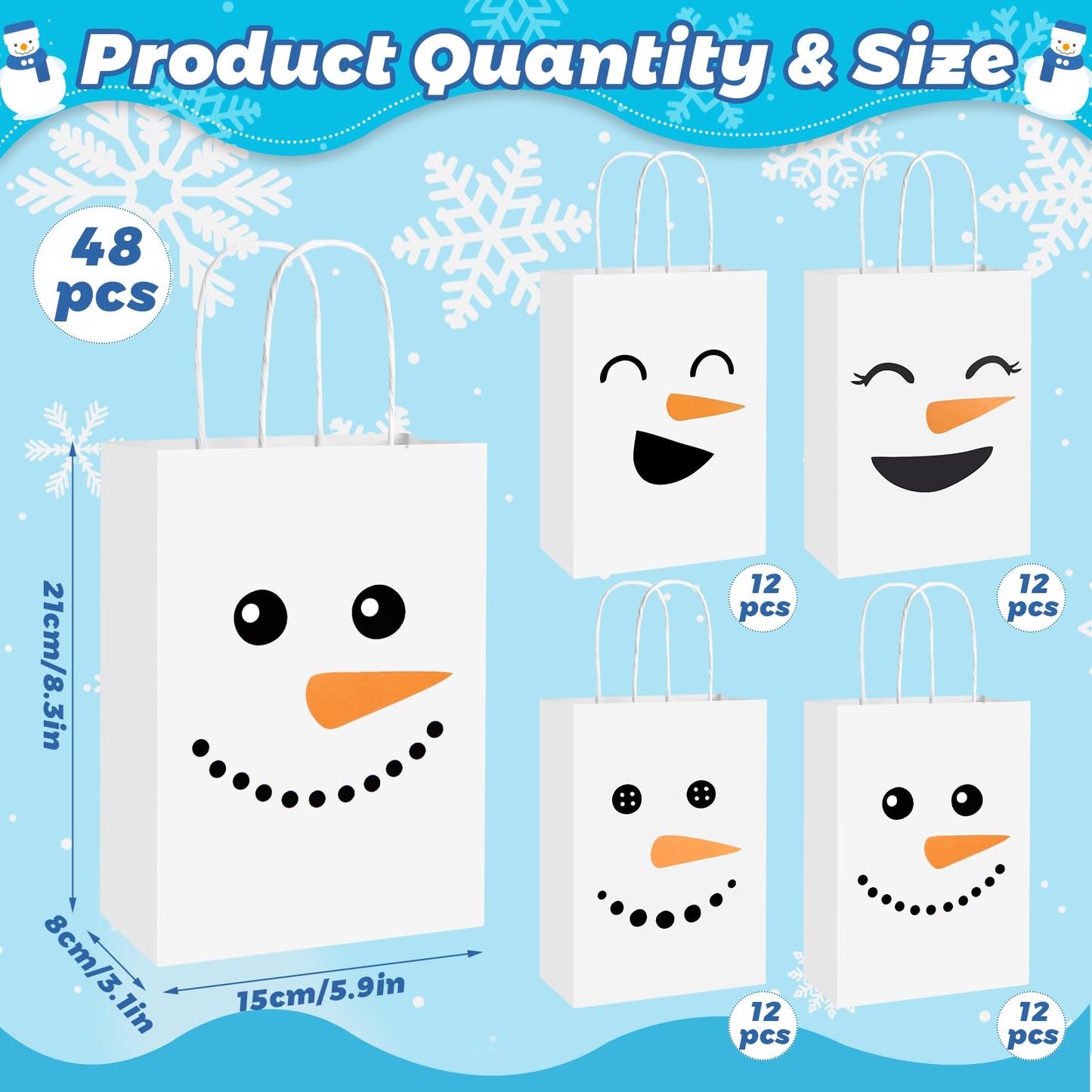 FOGWOWO 48 Pcs Snowman Gift Bags Christmas Winter Gift Bags Bulk with Handles,Snowman Goodie Bags Paper Candy Treat Bag Christmas Party Wrapping Supplies