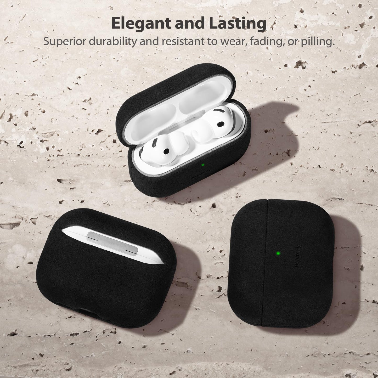 Belemay Handcrafted Alcantara Case for AirPods Pro 3rd Gen (2025), Compatible with MagSafe, Luxury Italian Suede-Like Material, Comfortable Grip, Elegant Cover Compatible with Airpods Pro 3, Black