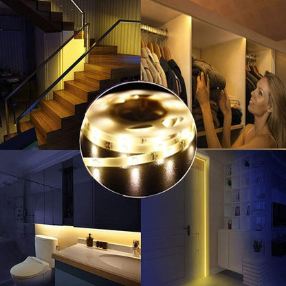 OriFiil LED Strip with Motion Sensor, 150 cm LED Strip Cabinet Lighting, Battery Operated Night Light, 3000 K Warm White Strip for Children's Room, Bedroom, Kitchen, Orientation Light